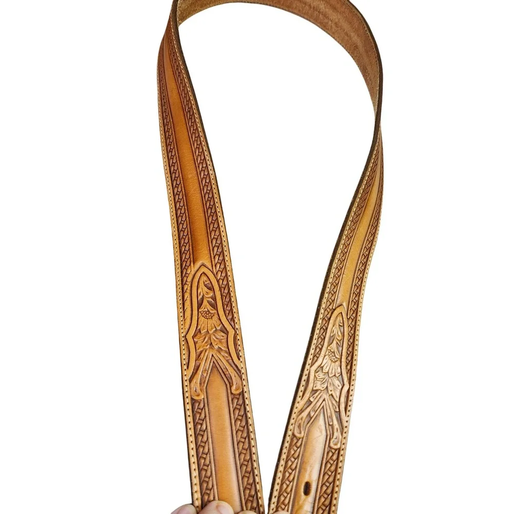 Vtg Justin Top Grain Cowhide Leather Belt Tooled Basketweave Western Size 42 USA